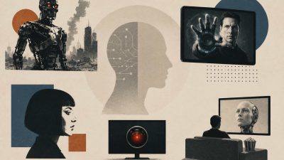 Comparison of fictional AI robots from movies and real world AI software running on cloud servers highlighting misconceptions about artificial intelligence.