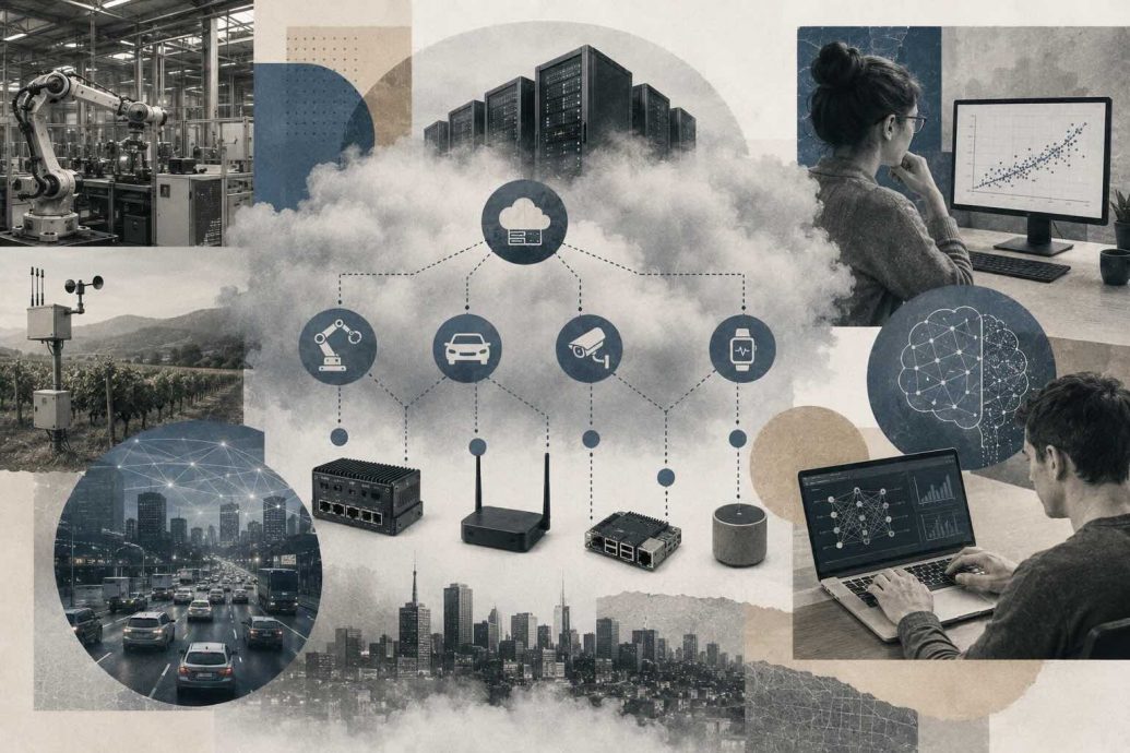 Fog computing architecture diagram showing IoT devices, fog nodes, and cloud layer with machine learning model deployment flow