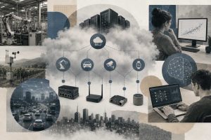 Fog computing architecture diagram showing IoT devices, fog nodes, and cloud layer with machine learning model deployment flow