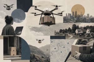 Delivery drone carrying a package over a suburban neighborhood, representing companies like Zipline, Wing, and Amazon that operate commercial drone delivery services in 2026.