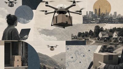 Delivery drone carrying a package over a suburban neighborhood, representing companies like Zipline, Wing, and Amazon that operate commercial drone delivery services in 2026.