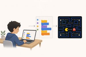 A child building a Pacman game in the Scratch coding editor, with colorful code blocks connected on screen and a maze visible on the stage area