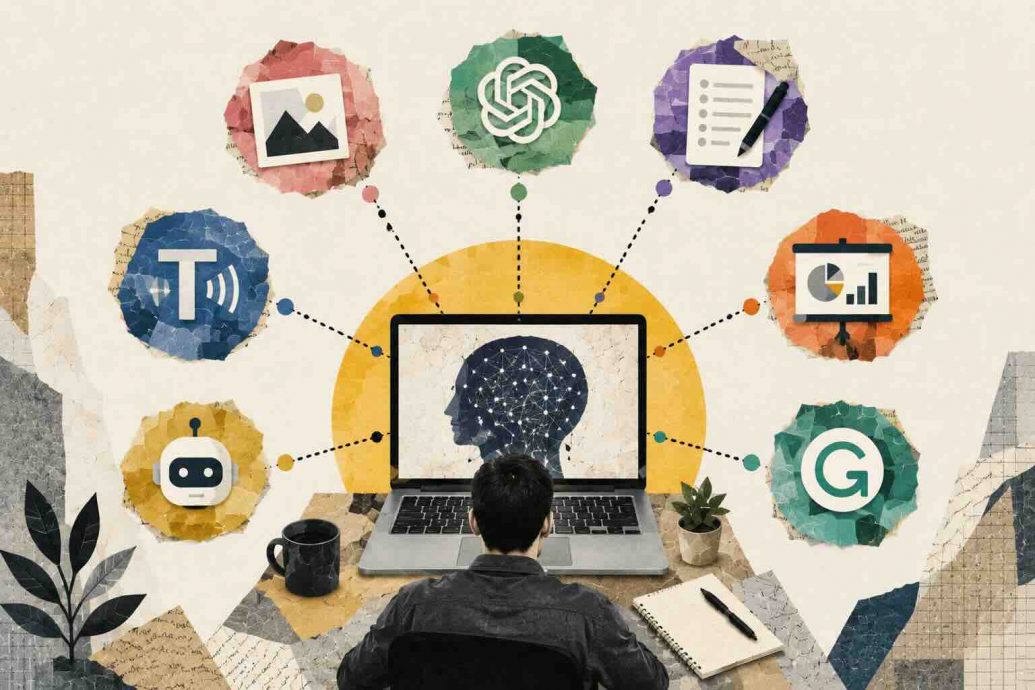 7 best artificial intelligence tools for online work shown as logos arranged across a remote-worker workstation