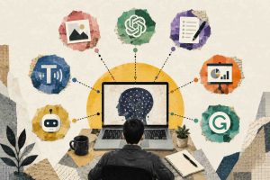 7 best artificial intelligence tools for online work shown as logos arranged across a remote-worker workstation