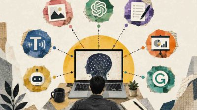 7 best artificial intelligence tools for online work shown as logos arranged across a remote-worker workstation
