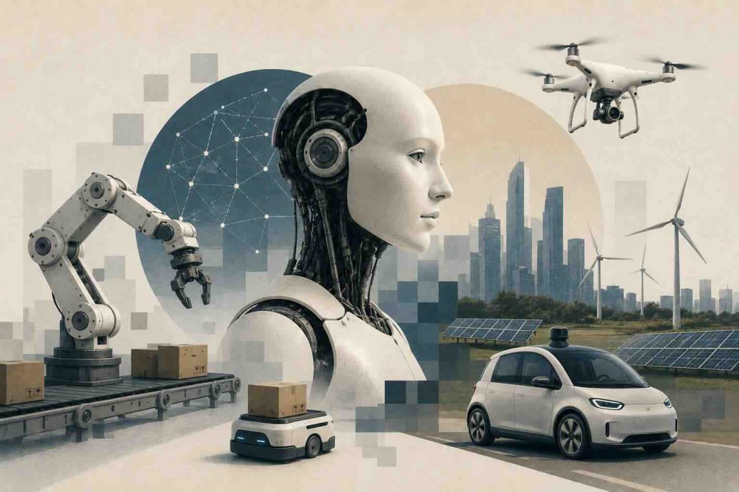Diagram of intelligent machines connecting sensors, AI models, and actuators across factories, hospitals, and self-driving cars