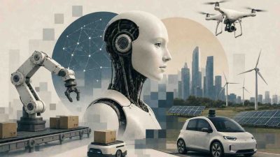 Diagram of intelligent machines connecting sensors, AI models, and actuators across factories, hospitals, and self-driving cars