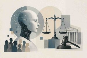 AI Lawyers: Will artificial intelligence ensure justice for all? shown by a robot assistant beside a human attorney and a courtroom gavel.