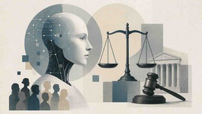 AI Lawyers: Will artificial intelligence ensure justice for all? shown by a robot assistant beside a human attorney and a courtroom gavel.