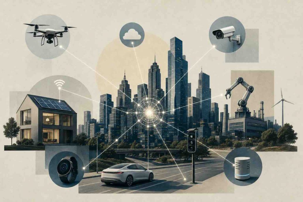 IoT trends 2026 infographic showing connected devices, edge AI, 5G and industrial sensors