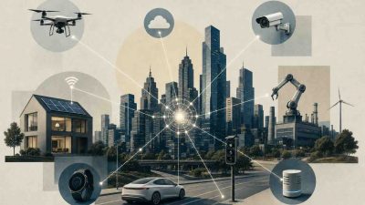 IoT trends 2026 infographic showing connected devices, edge AI, 5G and industrial sensors