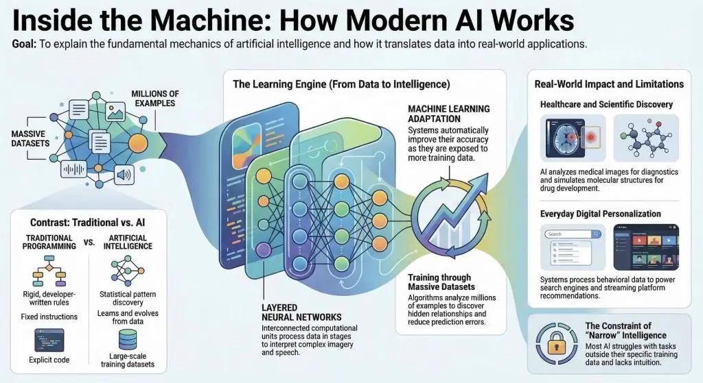 Illustration showing the evolution of artificial intelligence from early algorithms to modern AI systems