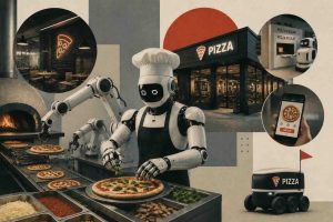Robotic arms assembling a pizza on an automated conveyor system inside a modern robot powered pizza chain kitchen with AI-powered computer vision cameras monitoring the production process.