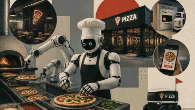 Robotic arms assembling a pizza on an automated conveyor system inside a modern robot powered pizza chain kitchen with AI-powered computer vision cameras monitoring the production process.