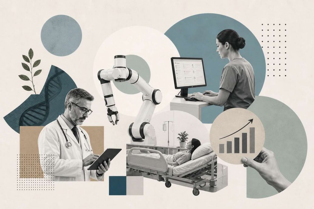 An illustration showing robotic process automation bots streamlining healthcare workflows including insurance claims processing, patient scheduling, electronic health record management, and pharmacy operations across hospital and clinic settings.
