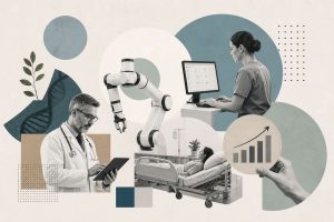 An illustration showing robotic process automation bots streamlining healthcare workflows including insurance claims processing, patient scheduling, electronic health record management, and pharmacy operations across hospital and clinic settings.
