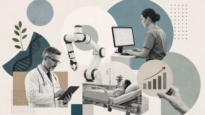 An illustration showing robotic process automation bots streamlining healthcare workflows including insurance claims processing, patient scheduling, electronic health record management, and pharmacy operations across hospital and clinic settings.