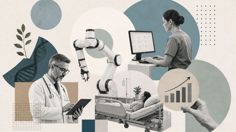 An illustration showing robotic process automation bots streamlining healthcare workflows including insurance claims processing, patient scheduling, electronic health record management, and pharmacy operations across hospital and clinic settings.