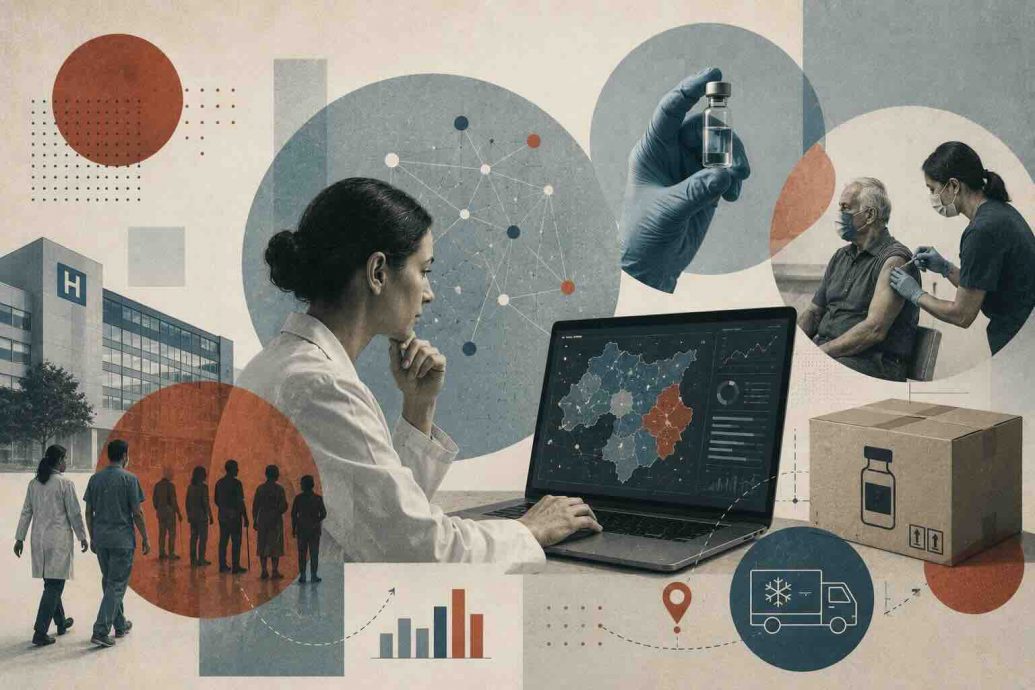 How hospitals use algorithms to prioritize vaccine distribution showing a healthcare worker receiving a dose through an algorithmic prioritization system