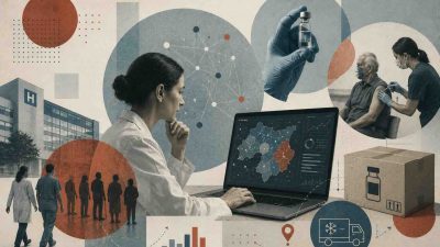 How hospitals use algorithms to prioritize vaccine distribution showing a healthcare worker receiving a dose through an algorithmic prioritization system