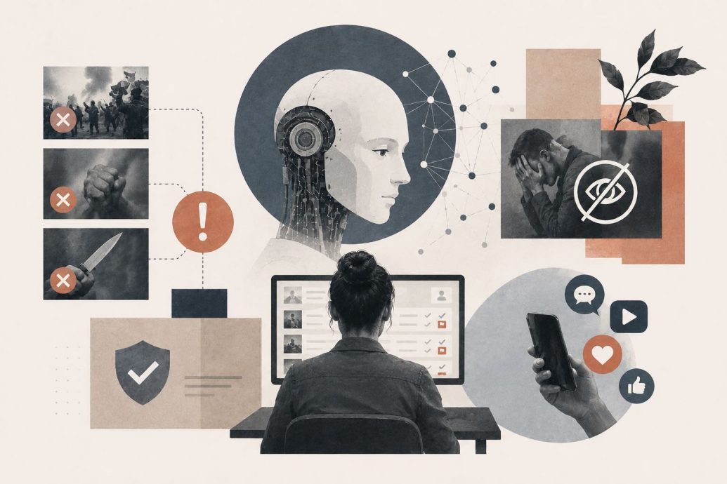 Illustration showing AI content moderation workflow with machine learning models scanning text, images, and video for harmful content across a global digital platform network.