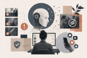 Illustration showing AI content moderation workflow with machine learning models scanning text, images, and video for harmful content across a global digital platform network.