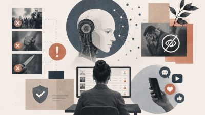Illustration showing AI content moderation workflow with machine learning models scanning text, images, and video for harmful content across a global digital platform network.